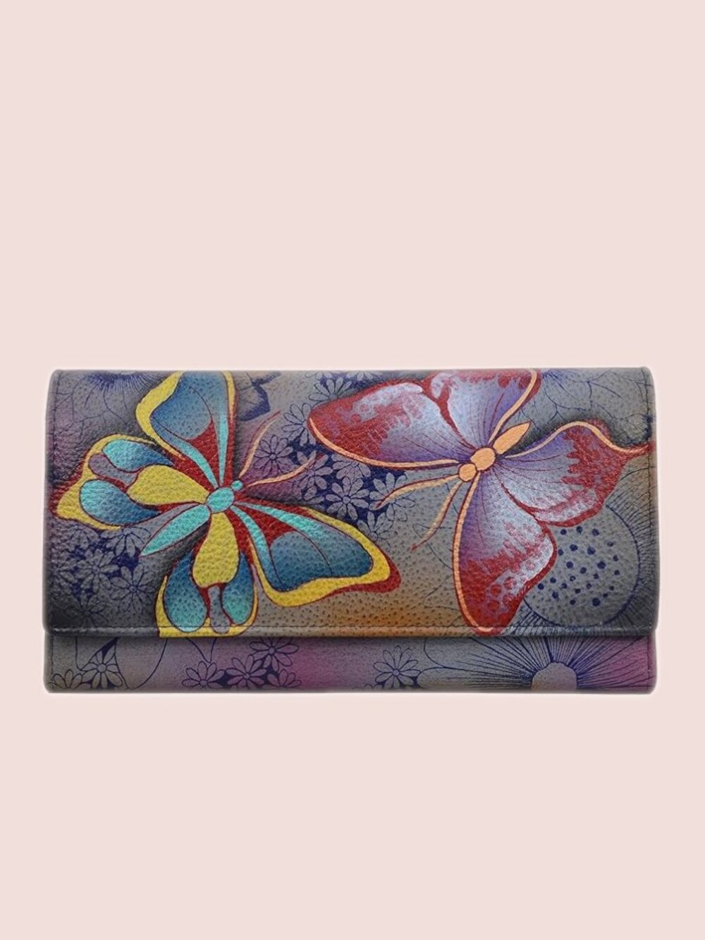Anna by Anuschka Hand Painted Leather Butterfly Wallet Trifold EUC